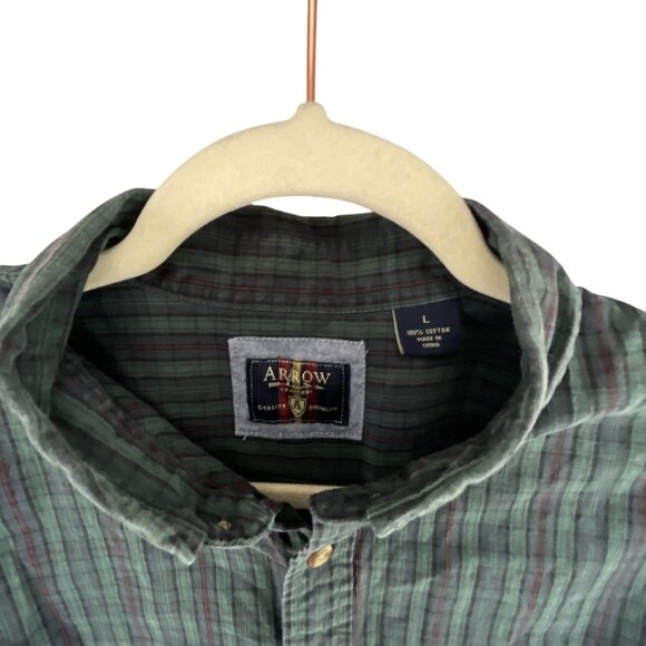 Arrow Mens Button-Down Long Sleeve Plaid Shirt L Gray 100% Cotton Preppy Dressy - Picture 10 of 10